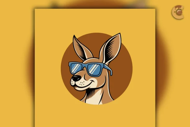 Cool kangaroo logo template featuring a smiling kangaroo wearing blue sunglasses, set against a brown circle on a yellow background.