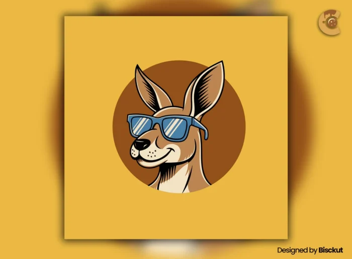 Cool kangaroo logo template featuring a smiling kangaroo wearing blue sunglasses, set against a brown circle on a yellow background.
