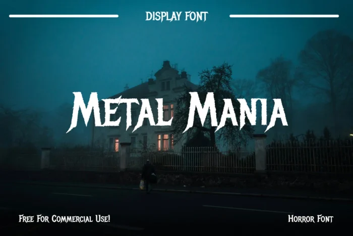 Metal Mania Font is a rugged, horror-inspired display typeface perfect for Halloween, vintage designs, and bold branding. Free for personal and commercial use.