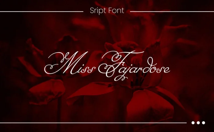 Elegant red-themed preview of Miss Fajardose script font with decorative calligraphy text and floral background