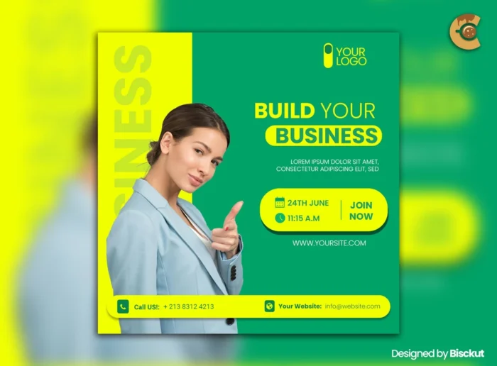 Modern business flyer with bold colors, event details, and a confident woman in a blazer pointing forward.