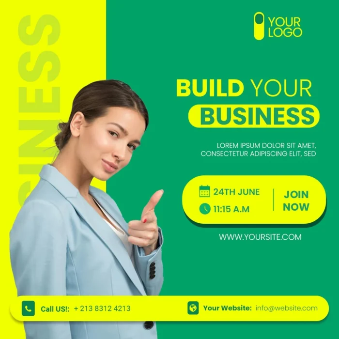 Modern business flyer with green and yellow colors, featuring a woman in a blazer and bold “Build Your Business” text.