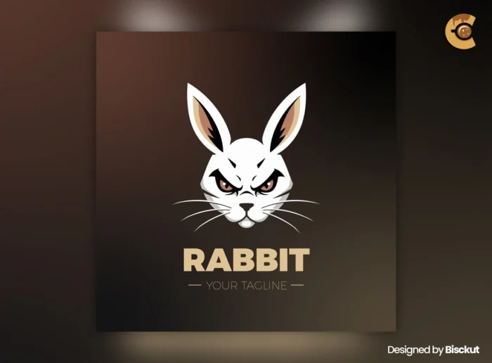White rabbit logo with fierce expression on dark background — modern animal logo template design