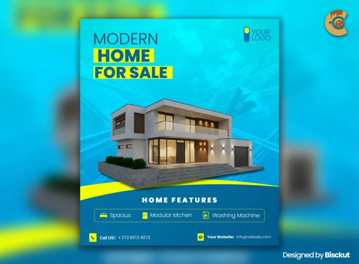 Modern real estate flyer PSD with blue theme, home photo, and icons for features like kitchen and washing machine.