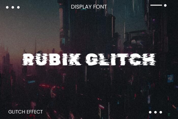 Rubik Glitch display font with a bold, distorted glitch effect over a dark cyberpunk city background.