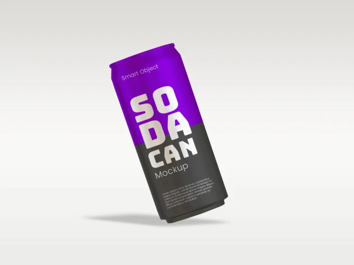 Free tilted purple soda can mockup for beverage branding and packaging design presentations.