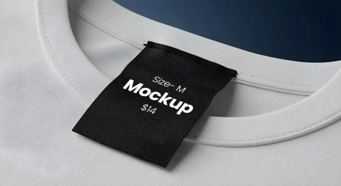 Close-up t-shirt size tag mockup featuring a black label on a light fabric, perfect for showcasing branding and pricing details.