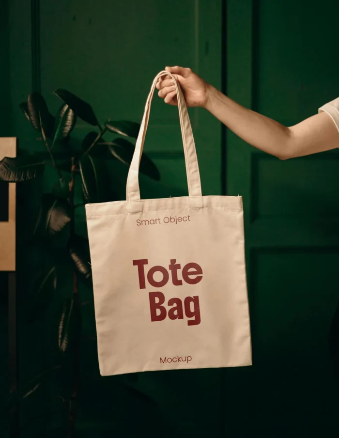 Tote bag mockup with arm holding the handle, ideal for showcasing branding or design in a modern, realistic style.