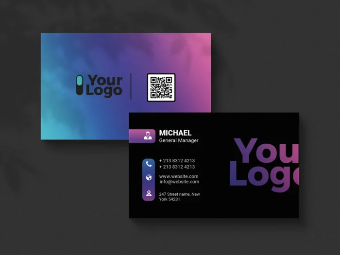 Trending business card PSD with gradient and QR—clean, professional layout for creatives, startups, and business branding.