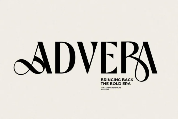 Advera bold display font with stylized ligatures and sweeping alternates in retro layout