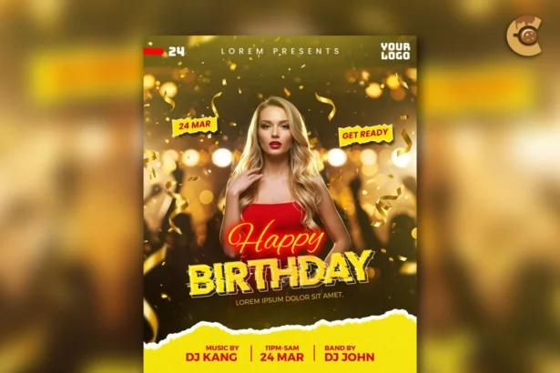 Free modern birthday party flyer with glitch text and texture, perfect for events, club nights, and poster design.