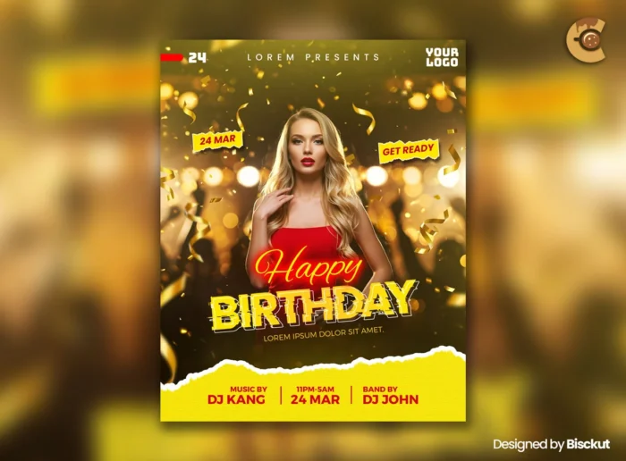Free modern birthday party flyer with glitch text and texture, perfect for events, club nights, and poster design.