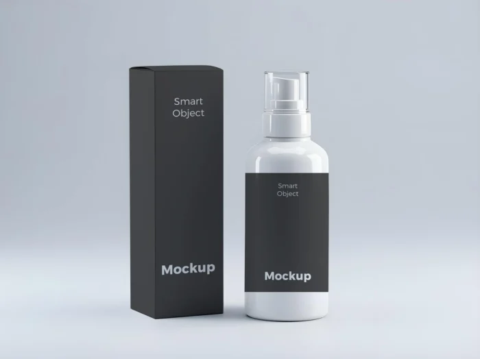 Grey cosmetic serum bottle and box mockup on white background, perfect for skincare and product packaging presentations.