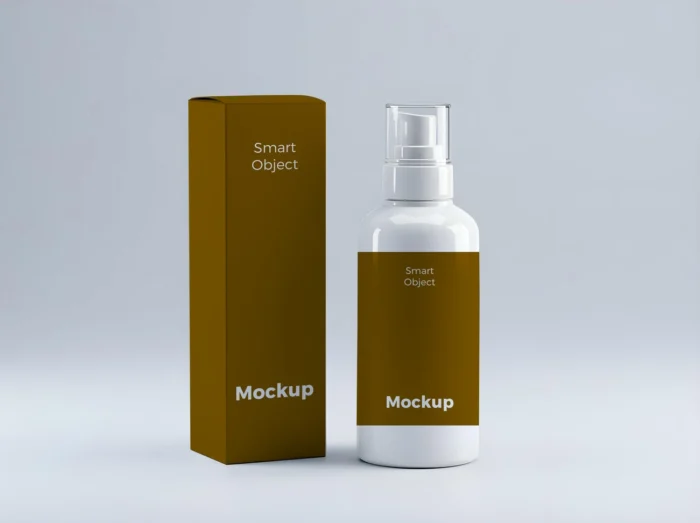 Brown cosmetic serum bottle and box mockup on white background, ideal for skincare and beauty product packaging showcases.