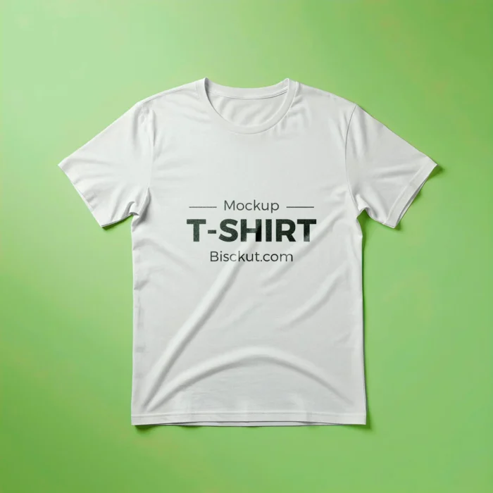 White crumpled T-shirt mockup placed over a clean green background, perfect for showcasing apparel designs.