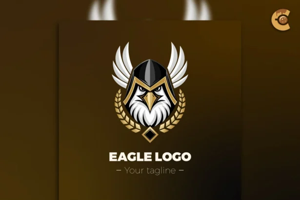 Premium Mascot eagle logo template featuring a warrior-style eagle head with helmet, golden wings, and laurel wreath — ideal for sports teams, gaming clans, military branding, and custom mascots.