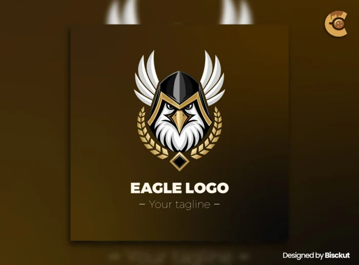 Premium Mascot eagle logo template featuring a warrior-style eagle head with helmet, golden wings, and laurel wreath — ideal for sports teams, gaming clans, military branding, and custom mascots.