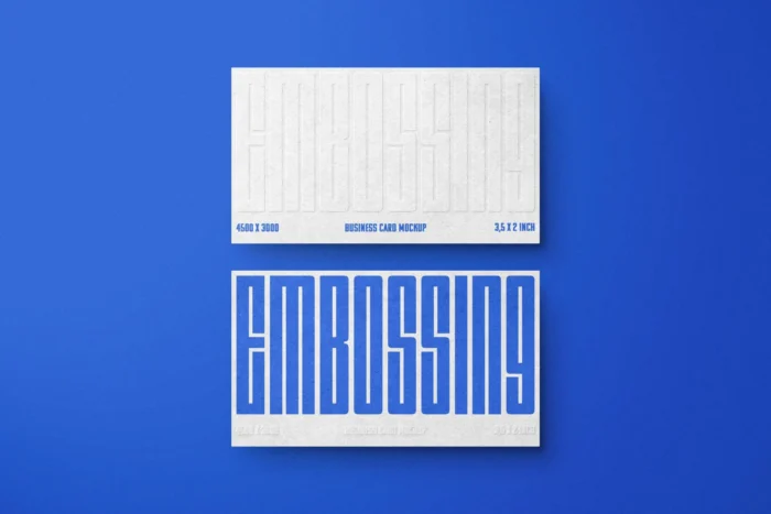 Embossed business card mockup with top and bottom layout on blue background, showing realistic front and back design.
