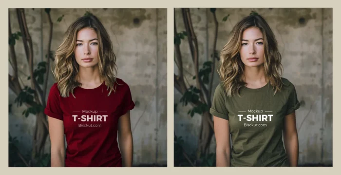 Female t-shirt mockup featuring front view in red and green colors, ideal for showcasing apparel designs realistically.