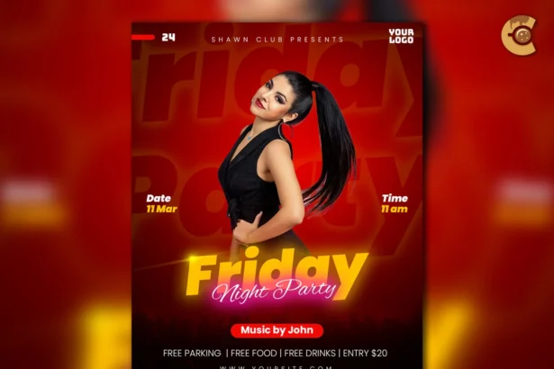 Friday Night Poster PSD Template with DJ, Event Details, Bold Red Theme, and Editable Design