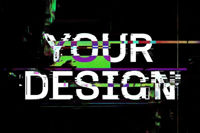 Bold glitch text effect with RGB distortions, static lines, and neon tones—perfect for edgy and digital-inspired designs.