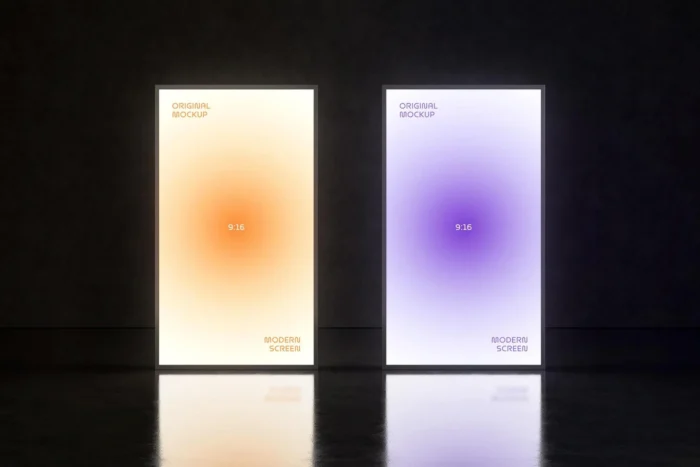 Glowing 9:16 digital screens mockup with modern orange and purple gradients on dark background