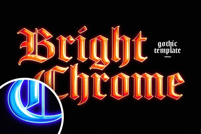 Free Gothic Chrome Text Effect PSD with bold 70s metal and 90s arcade-inspired chrome style.