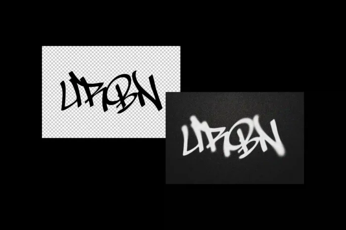 Before and after preview of graffiti spray text effect on white background, showing plain to bold urban-style transformation.