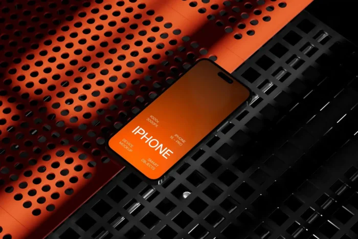 iPhone 16 Pro mockup on steel grid background – features dynamic lighting and deep shadows to highlight your UI or app design in a professional, cinematic style.