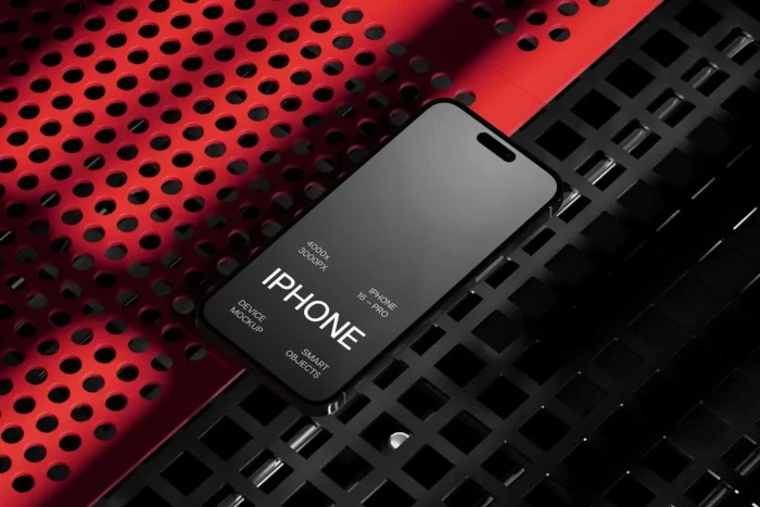 iPhone 16 Pro mockup with steel grid backdrop – showcases your design with bold lighting contrasts and cinematic shadows for a dramatic presentation.