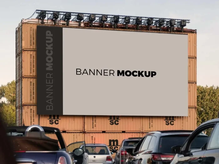 Outdoor Banner mockup mounted on stacked shipping containers with parked cars in foreground and trees in background.