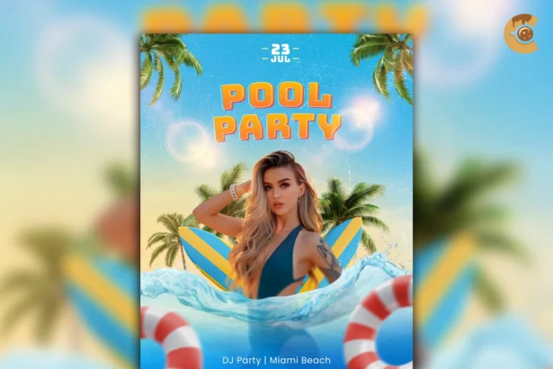 Colorful pool party flyer featuring a stylish woman in a swimsuit with tropical palm trees, surfboards, and floating lifebuoys in the background, promoting a DJ party at Miami Beach on July 23