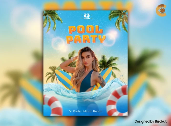 Colorful pool party flyer featuring a stylish woman in a swimsuit with tropical palm trees, surfboards, and floating lifebuoys in the background, promoting a DJ party at Miami Beach on July 23