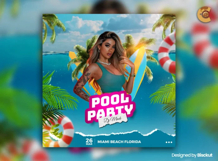 Free Pool Party Flyer Template – Editable PSD for summer events, pool parties, and festivals.