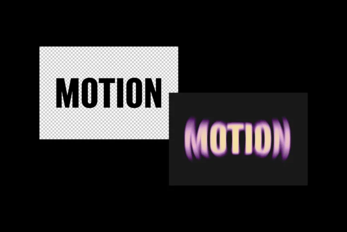 Before and after showing radial halftone text effect with motion blur and vibrant color transformation.