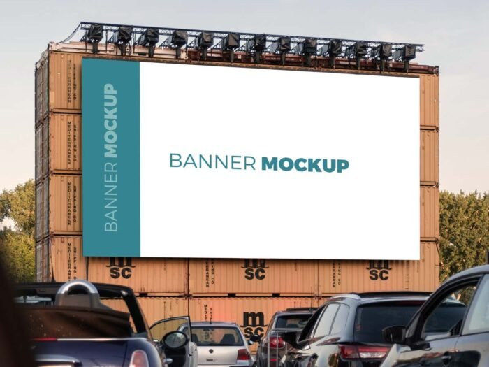 Outdoor banner mockup on shipping containers with teal and white design, viewed from behind parked cars at sunset.