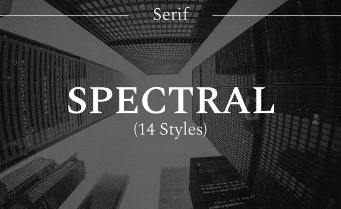 Spectral serif font in white text over a grayscale city background, featuring elegant high-contrast letterforms
