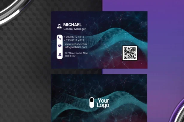 Free tech business card template with futuristic layout, clean typography, and digital-inspired design in editable Photoshop format.