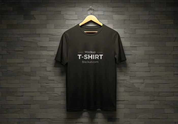 Black T-shirt mockup on a hanger against a dark brick background, showing realistic shadows, fabric details, and muted lighting.