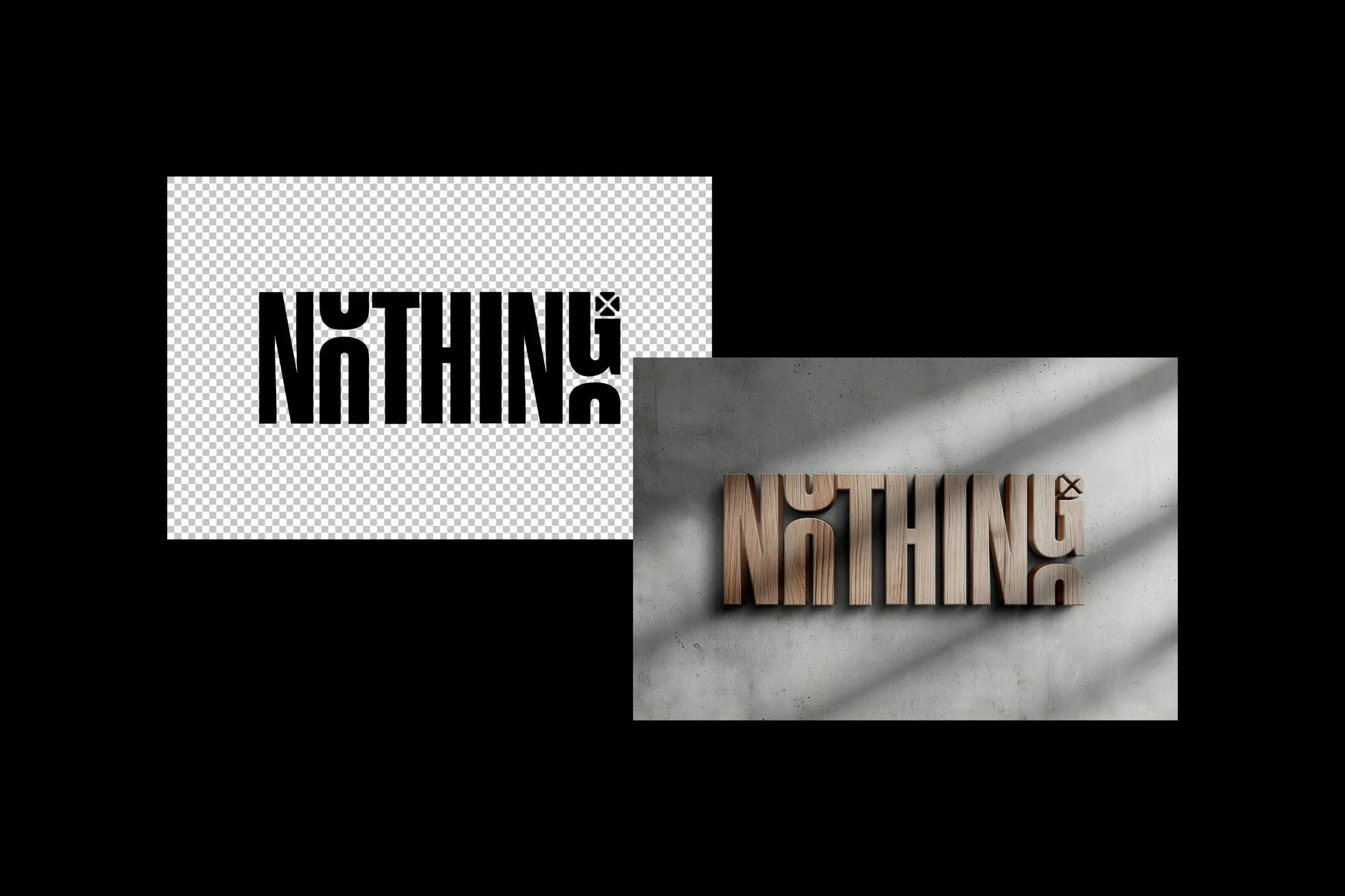 Side-by-side preview of wooden 3D logo mockup with transparent vector and textured wall background version.