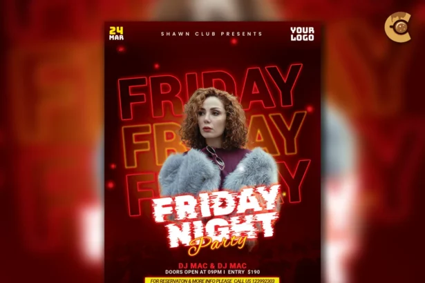Vibrant Event Party Flyer Template PSD with bold text, model photo, and neon background.
