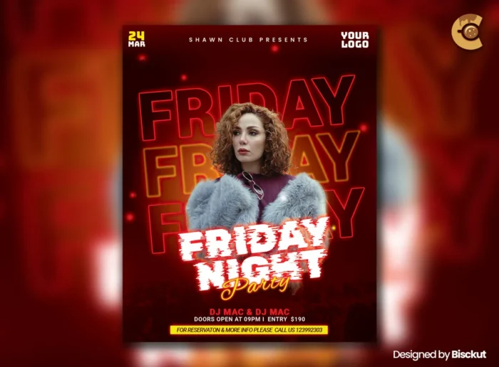 Vibrant Event Party Flyer Template PSD with bold text, model photo, and neon background.