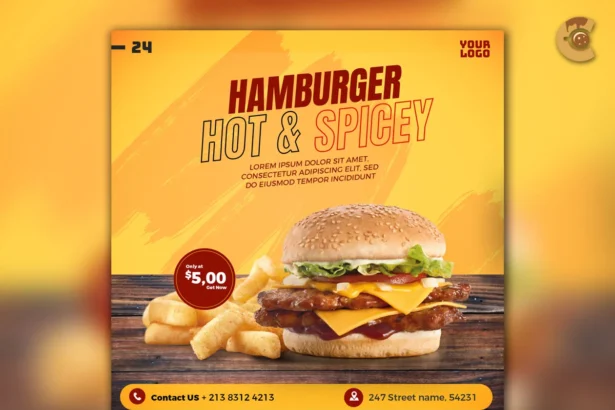 Free editable food promotion poster template PSD with burger design for restaurant ads.