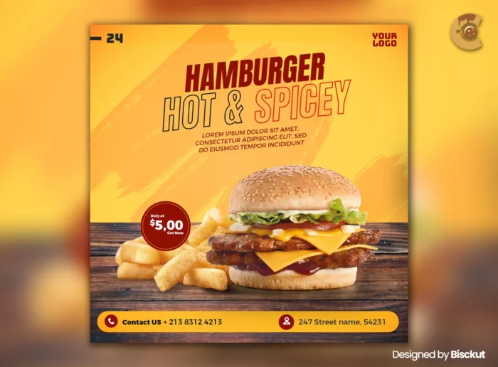 Free editable food promotion poster template PSD with burger design for restaurant ads.