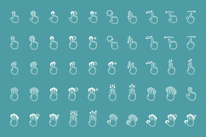 Touch gesture icons pack for mobile UI and tutorials, free in multiple editable formats.