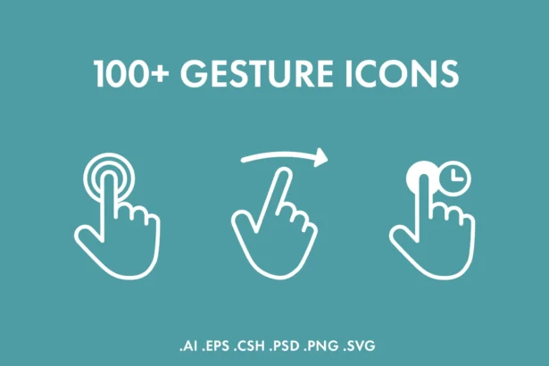 Free 100+ touch gesture icons for UI/UX design, available in CSH, SVG, PSD, PNG, AI, and EPS formats.