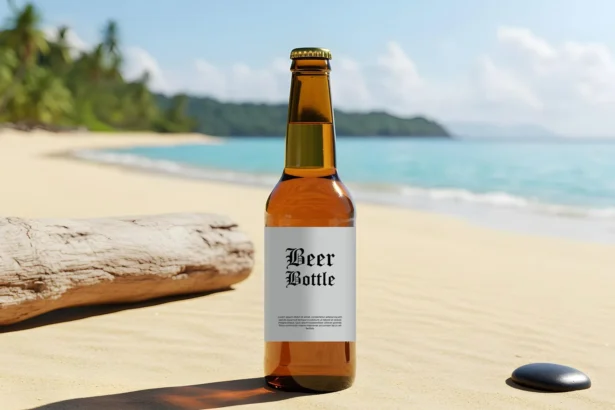 Free Beer Bottle Mockup PSD on Beach – Editable Label, Photo-Realistic, for Commercial Use