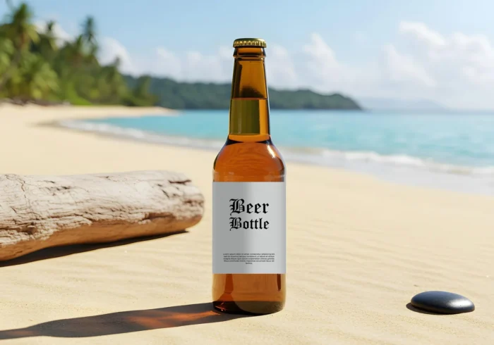 Free Beer Bottle Mockup PSD on Beach – Editable Label, Photo-Realistic, for Commercial Use