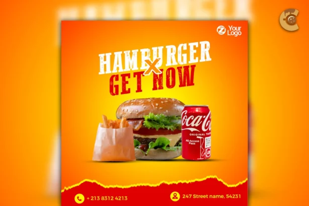 Editable burger poster PSD template with bold text and delicious burger image for restaurant promotions.
