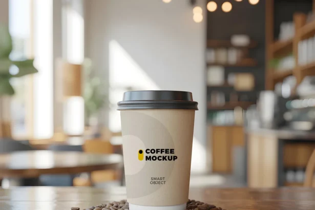 Coffee paper cup mockup on wooden table with beans in a cozy café scene